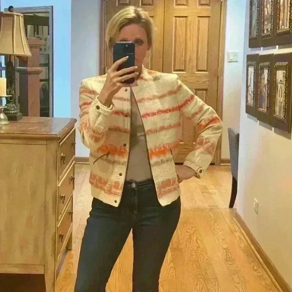 Alice + Olivia Orange Cream Stripped Aztec Jacket Lightweight Coat Size Medium. - Picture 7 of 14